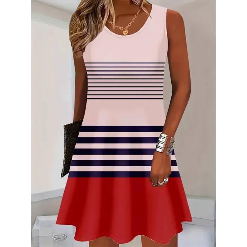 Large Size Women's Dress Fashionable 3D Plaid Print Sleeveless Elastic Round Neck Summer Dress
