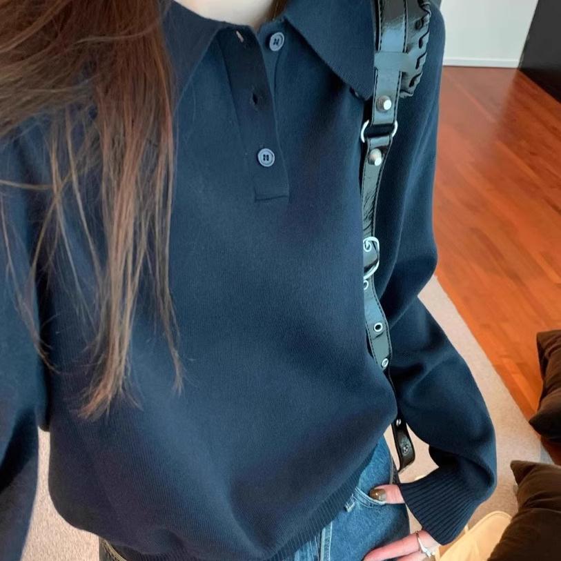 1116 autumn and winter Korean version polo collar button design loose versatile core-spun yarn knitted sweater backing sweater