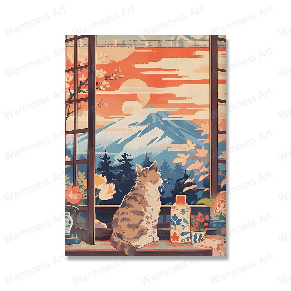 Adorabili gatti guardano il paesaggio, stampe artistiche su tela, quadri del viaggio a Firenze, montagna Fuji, Parigi, Grecia, poster