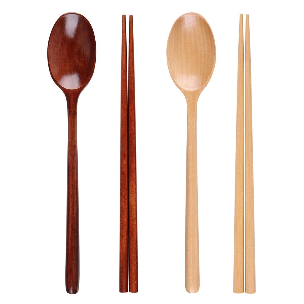 Japanese Korean Wooden Spoon & Chopsticks Set - Portable Tableware for Soup, Rice, and Serving.
