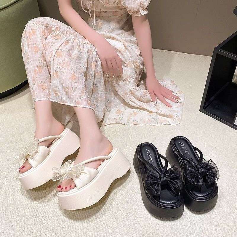 Fashion slope heel slippers heightened platform women wear summer sandals 2025 new sweet bow one-word drag