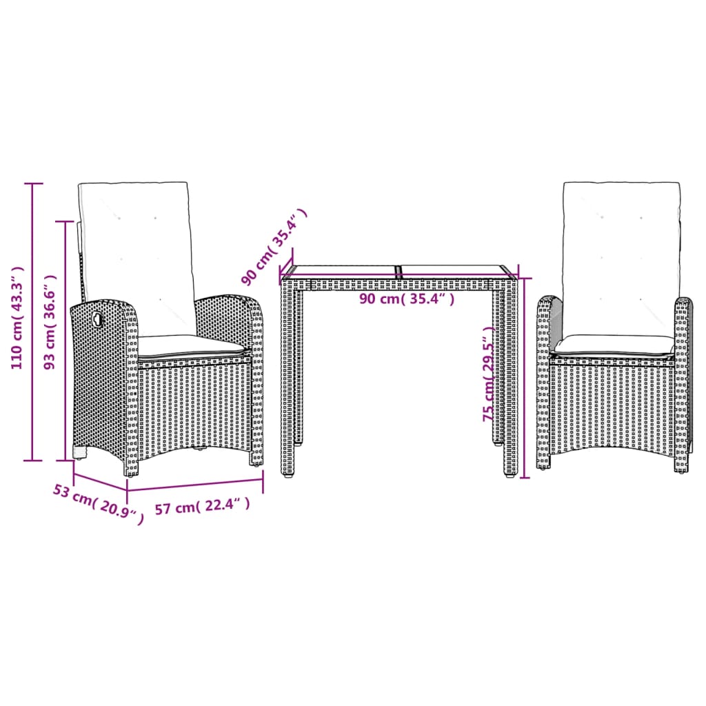 3 Piece Outdoor Dining Set with Cushions Black Poly Rattan