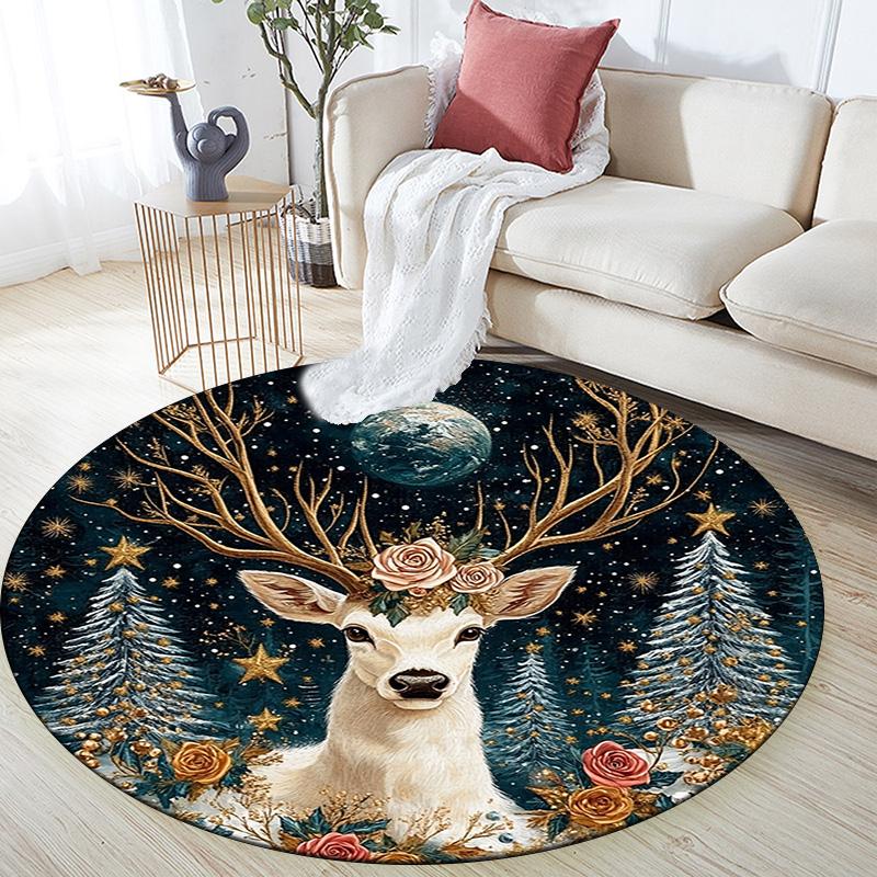 Winter Deer Round Area Rug,Carpet Rug for Living Room Bedroom Sofa Playroom Decor,Non-slip Floor Mat