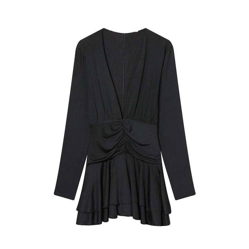 Women s clothing popular fashion casual waist pleated one-piece dress S чёрный