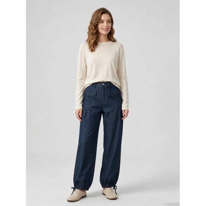 Womens Wide Leg Jeans Loose Fit Pocket Design Ruffled Cuffs Washed Denim Mid Waist Long Pants