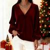 Women Tops V Neck Lantern Long Sleeve Solid Color Casual Tops Loose