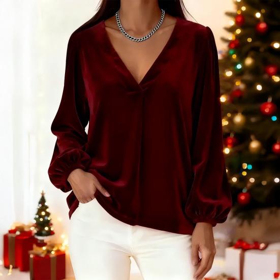 Women Tops V Neck Lantern Long Sleeve Solid Color Casual Tops Loose