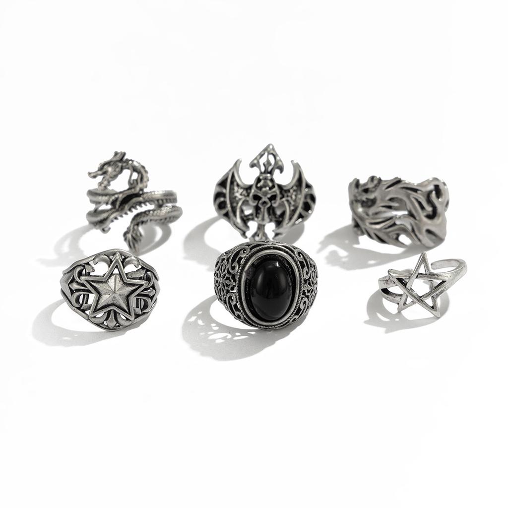 Punk Gemstone Skull Ring Set for Men High-End Hip-Hop Niche Dragon-Shaped Ring Men's Jewelry
