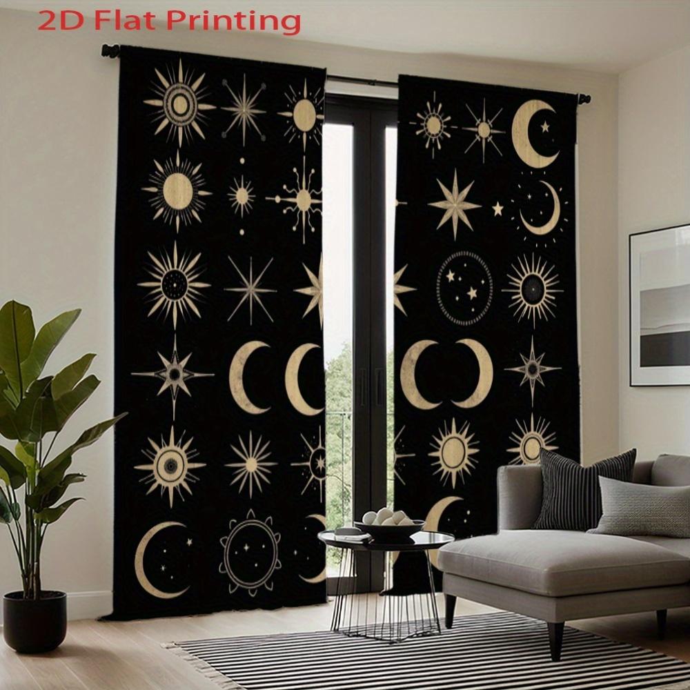 2pcs Celestial Curtains - Golden Sun   Moon   Stars & Planets Print On Black Background   Semi-Sheer Flannel Window Drapes with Rod
