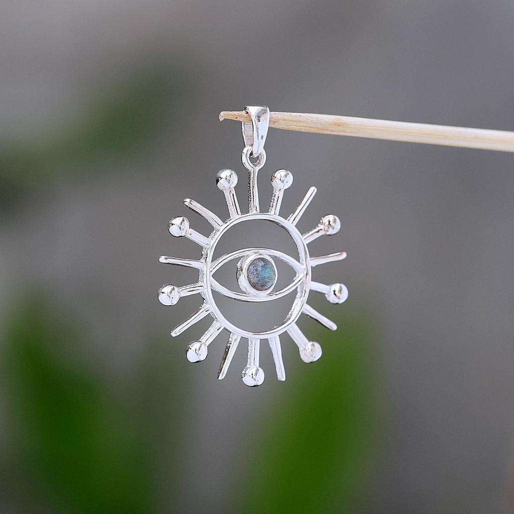 Labradorite Gemstone Evil Eye Sun Pendant 925 Sterling Silver Handmade Jewelry Unisex Pendant