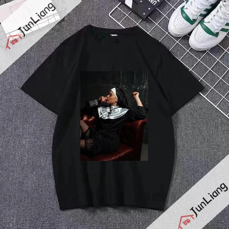 Smoking and Drinking Nuns Religious T-shirt, Cute Unisex T-shirt Short Sleeved Summer Crew-neck Plus Size Breathable Clothing
