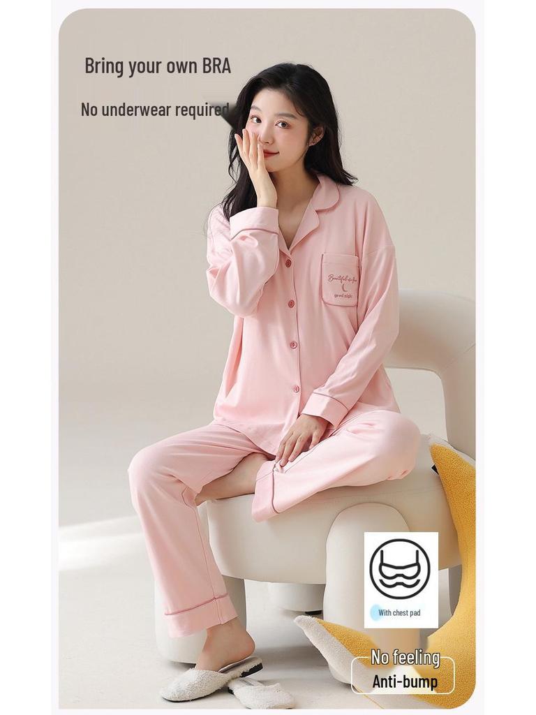 2025 Damen Cartoon Baumwolle Langarm Pyjama Set mit Brustpolster für Drinnen und Draußen - Herbst- und Winterkollektion