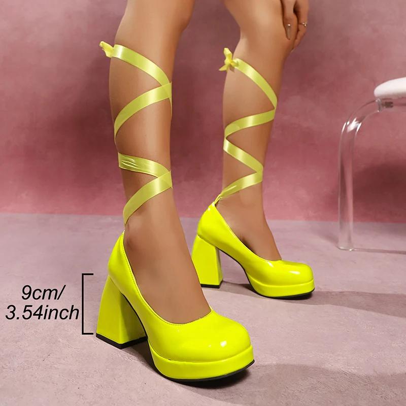 Fashion Elegant Wine Red Thick Heel Pumps Women 2025 New Patent Leather High Heels Banquet Shoes Woman Lace Up Platform Mary Jane Shoes