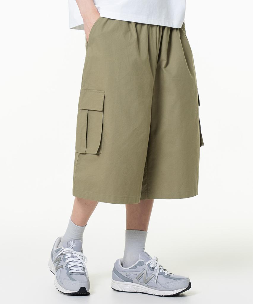 MOZMOZ Linen-Like Cargo Bermuda Wide Pants Khaki
