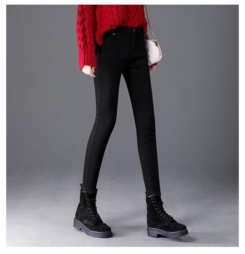 Dámské plyšové džíny s vysokým pasem a úzkým střihem v korejském stylu s fleecovou podšívkou - Kolekce jaro 2021