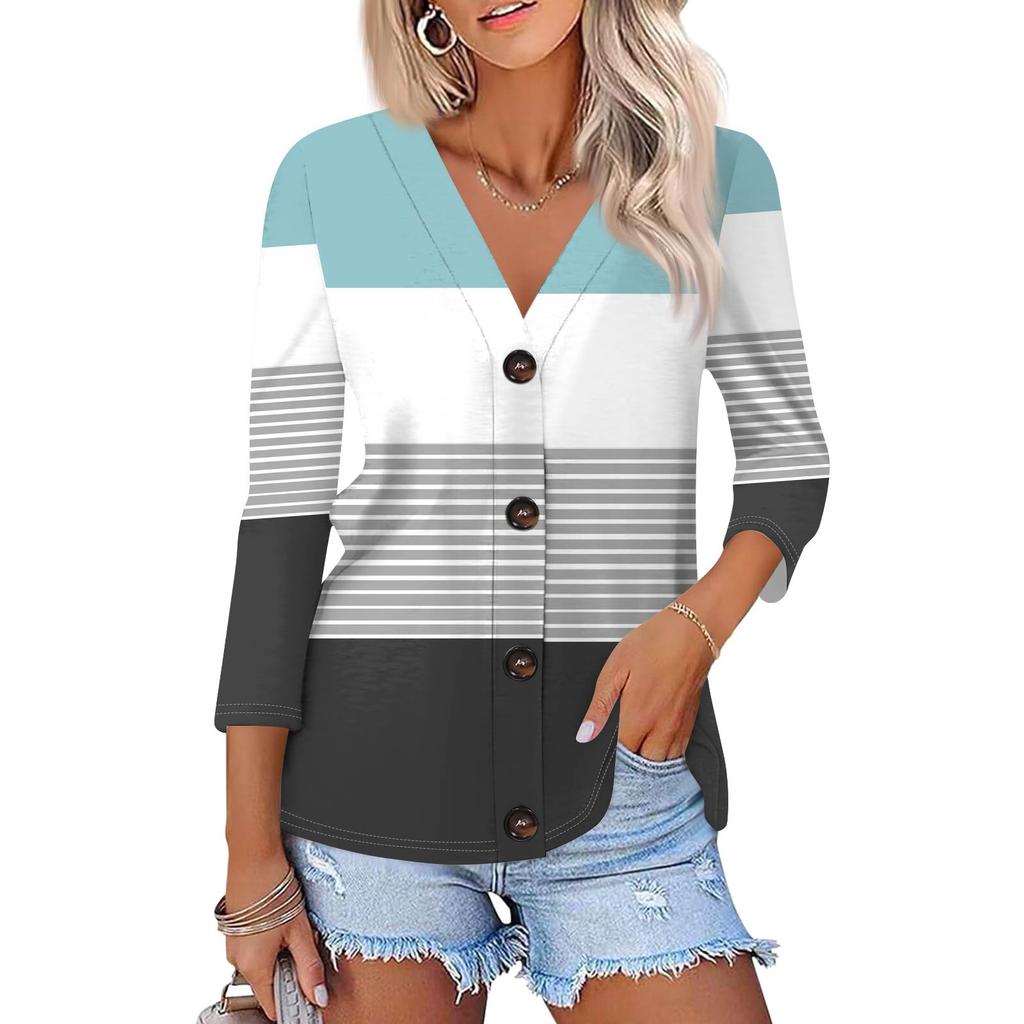 Women's Fashion Casual Printing Button-down Shirt 3/4 Long Sleeve Tops