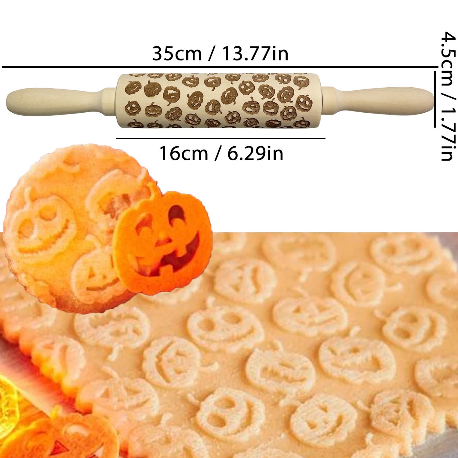 

Halloween Rolling Pin with Pumpkin Skull Ghost, Wooden Embossed 3D Cookie Mold Laser Engraved DIY Baking Tools Dough Roller тыква