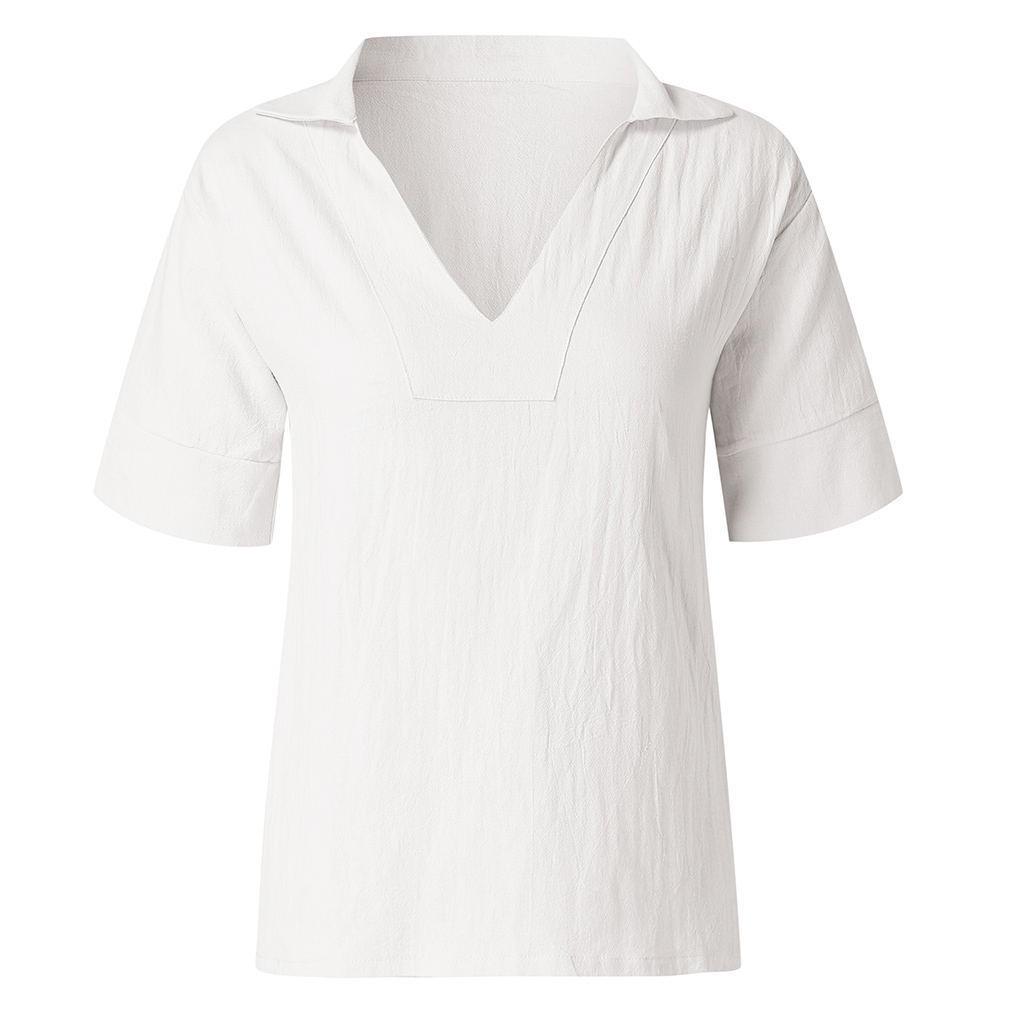 2025 Spring/Summer European-American V-Neck Cotton-Linen Solid Color Loose Mid-Sleeve Women's Shirt