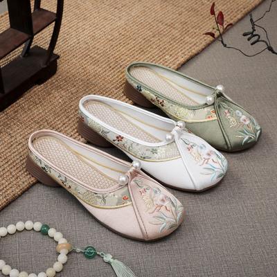 Yuhuan Slippers, New Embroidered Home Flat Bottom Ethnic Style Splicing Cloth Guochao Ethnic Style Embroidered Slippers