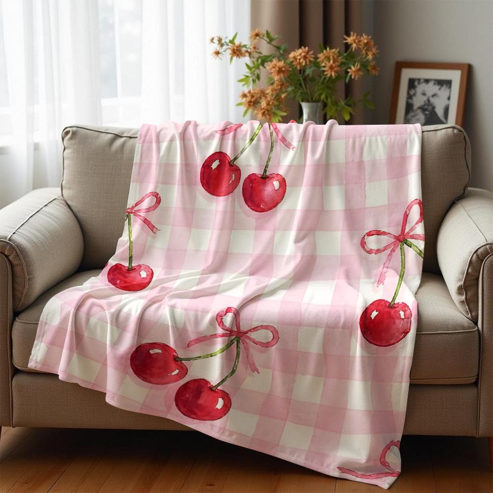 Pink Gingham Cherry Cartoon Anime Print Flannel Blanket Soft Warm Throw for Kids Bedroom Sofa Christmas Office Car
