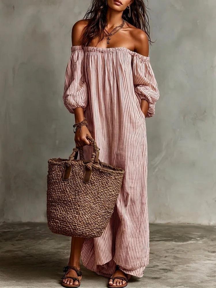 Available for 2026: New Spring Striped Off-Shoulder Dress for Women in Cotton and Linen - Perfect Vacation Style