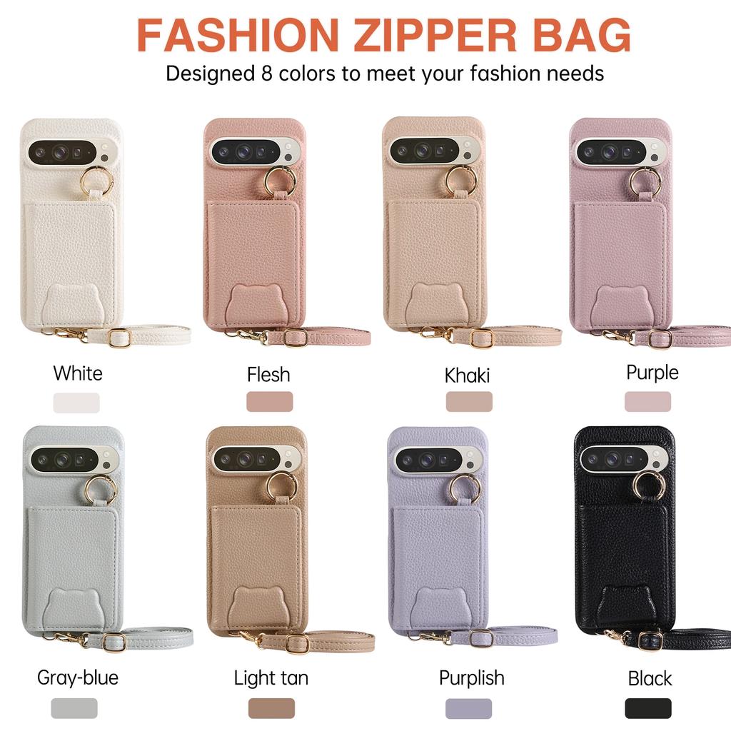 Crossbody Cards Solt Leather Wallet Mirror Ring Holder Case Google Pixel 9 Pro XL 8 8Pro 8A 7 6 7A 6A Long Lanyard Cute Cover