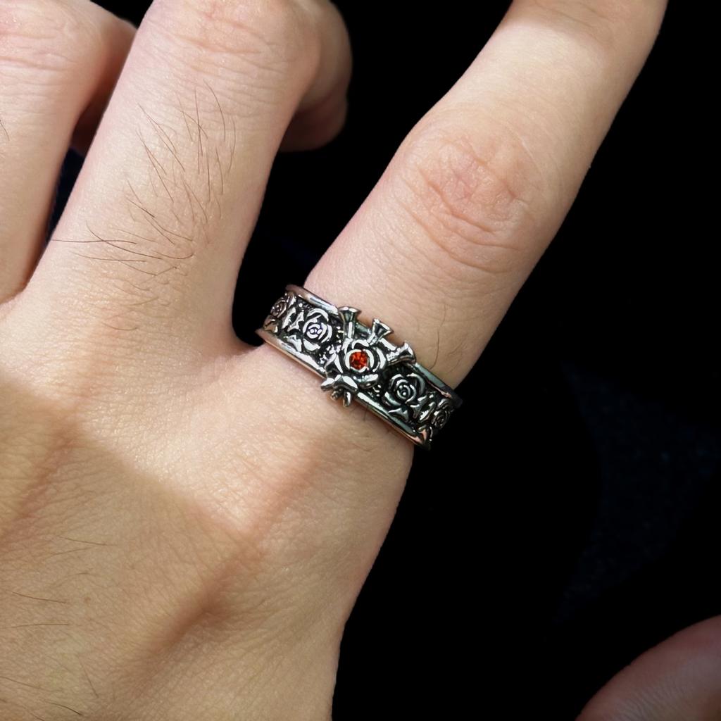 Retro Rose&Nails Adjustable Open Ring For Women Men Silver-plated Copper Punk Gothic Edgy  Unisex Flower Accessories Gift
