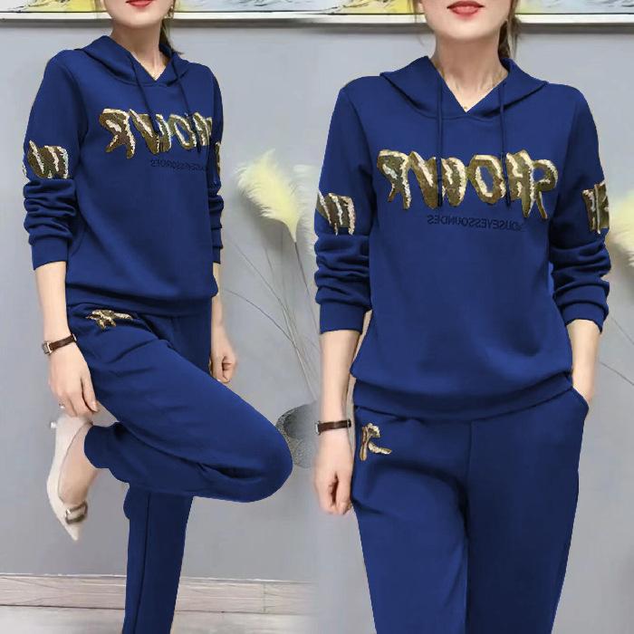 Women's Loose Fit Hooded Tracksuit Long Sleeve Rhinestone Letter Sweatshirt Jogger Pants Two Piece Casual Running Outfit Set
