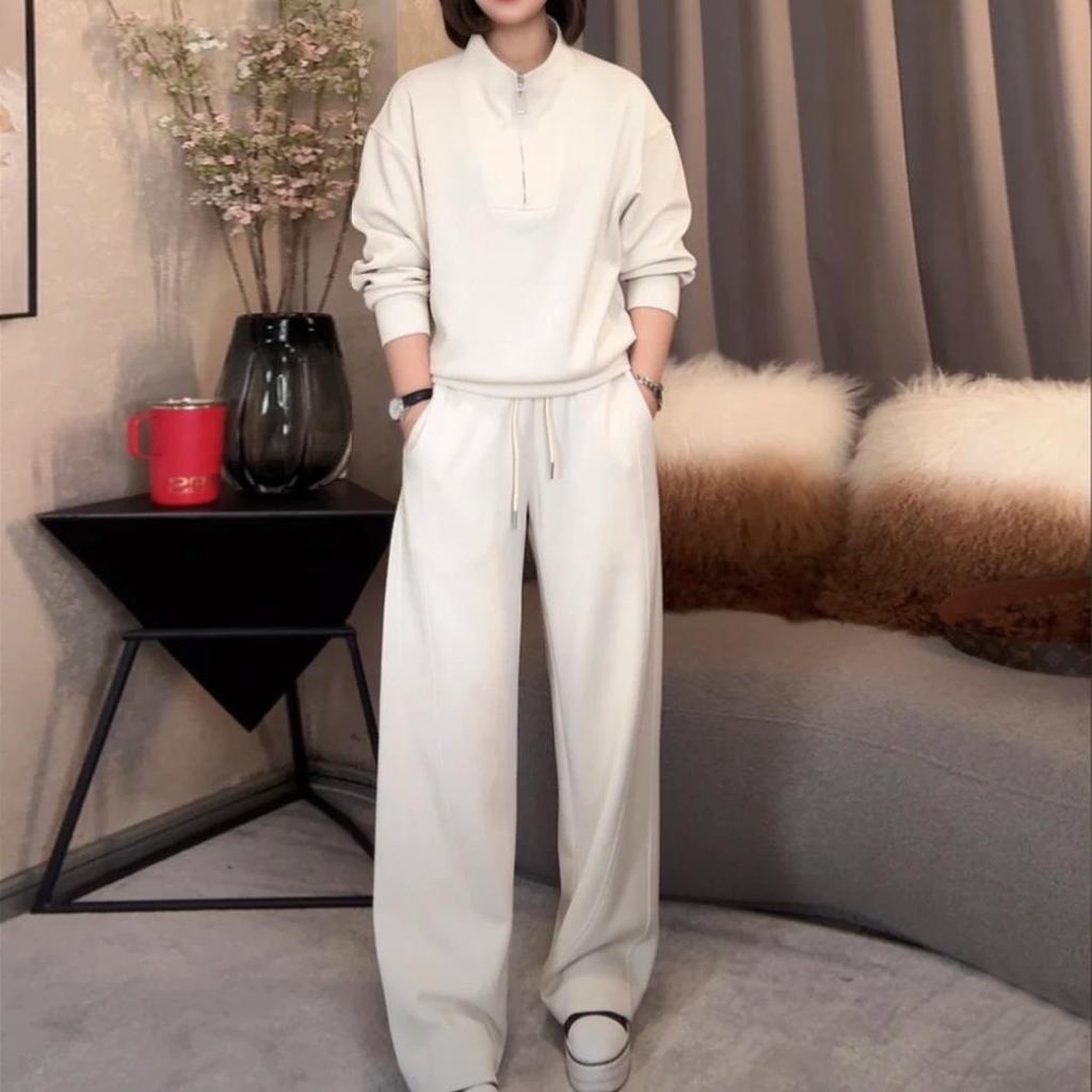 Women's 2025 Spring/Autumn Casual Slimming Sweatshirt Set with Stand-up Collar Design