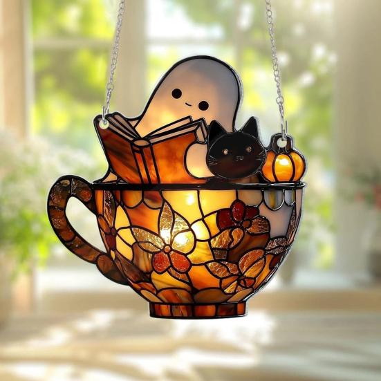 Halloweenská čtecí dekorace lapač slunce duch Závěsná židle Kreslený duch Vitrážové sklo 2D Plochý Akrylový Nástěnný Okenní Závěsný Znamení Ozdoba