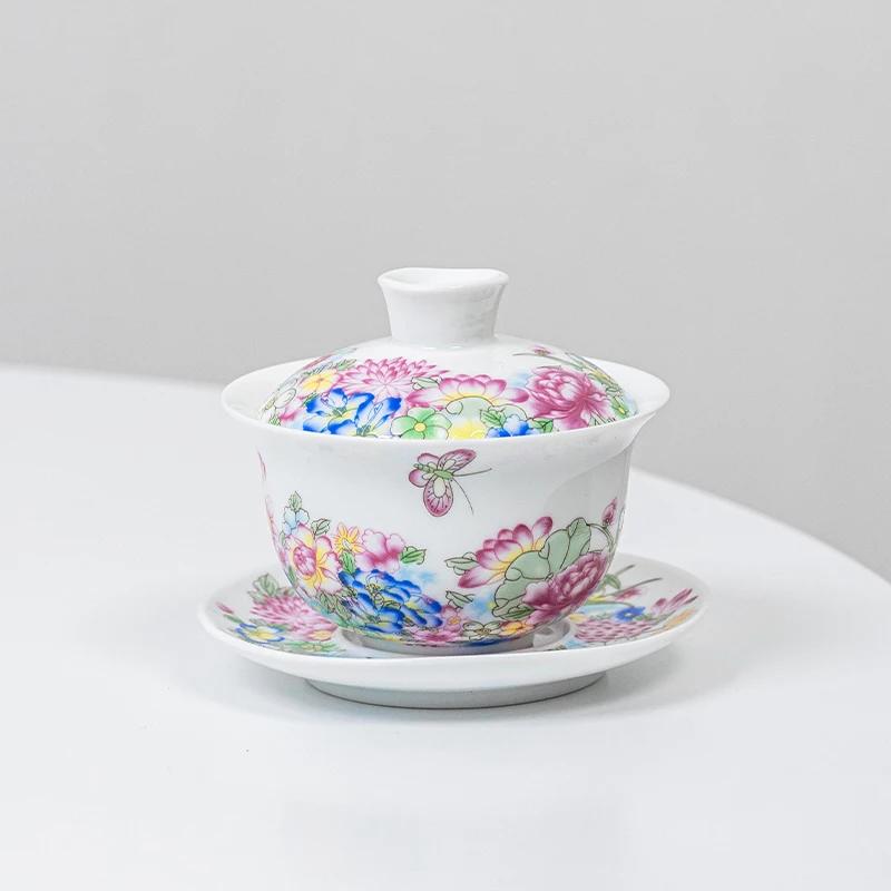 1PCS 90ML Dehua suet jade ceramic gaiwan hand-painted enamel color three cups covered bowl ceramic beauty tea infuser