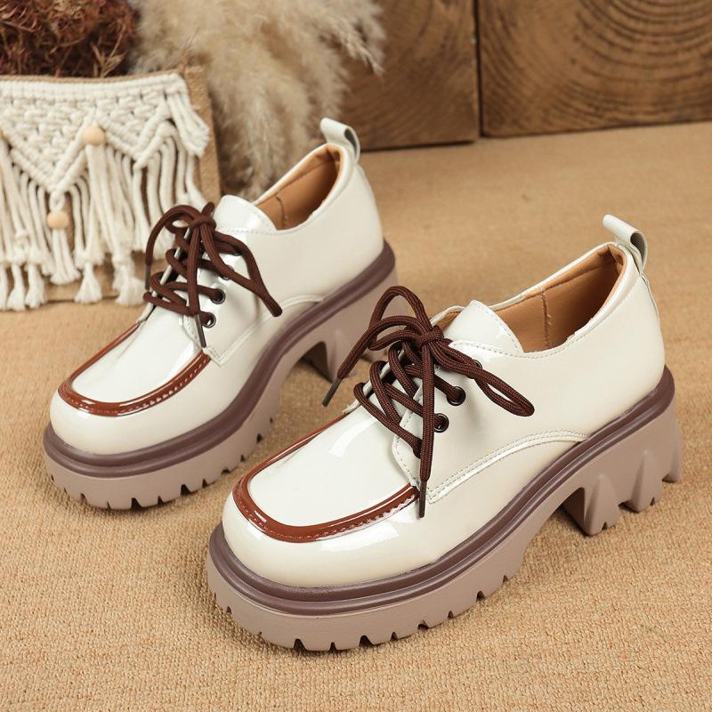 Large size color matching small leather shoes college style thick sole heightening lace-up