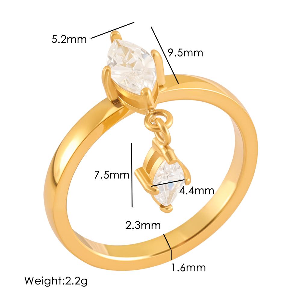 JOVO LOVE Water Drop Stainless Steel Two Zircon Ring Sparkling Crystal Tassel Vertical Fing Rings PVD 18K Gold Plating Jewelry
