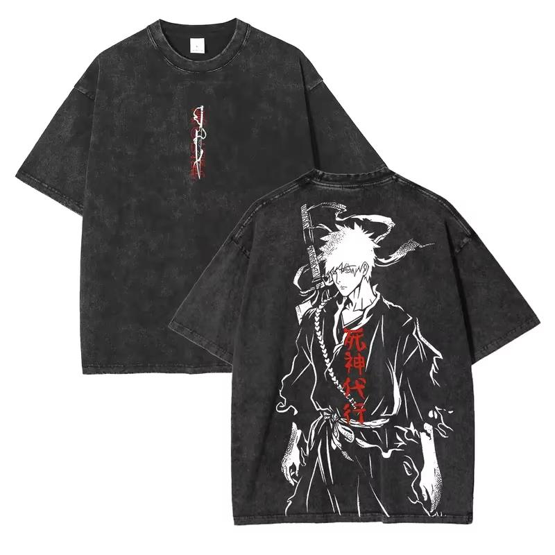 2026 Oversized Vintage Washed Black T-Shirt Featuring Double-Sided Anime Graphics of Ichigo Kurosaki from Bleach