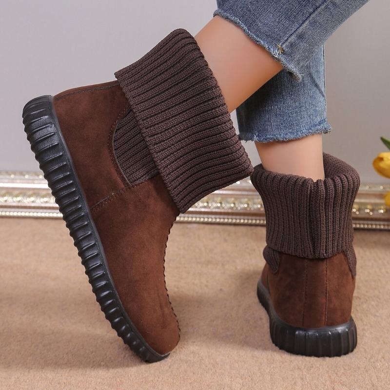Women's Large Size Winter Flat Round Toe Knitted Cuff Short Snow Boots.