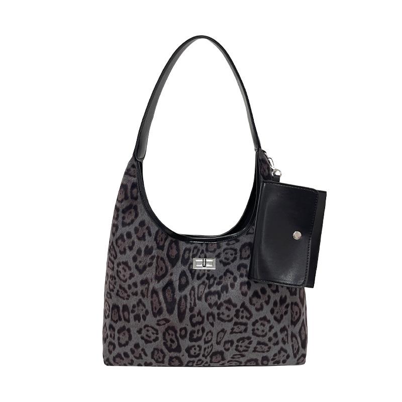 Leopard Print Velvet Shoulder Bag with Wide Strap - Large Capacity Fashion Tote