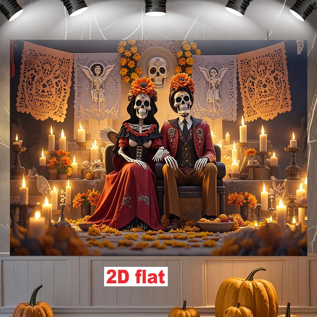 1 styck, tillverkad av polyester, med ett bakgrundstyg med tema Día de Muertos (De dödas dag). Halloween familj bakgrundstyg