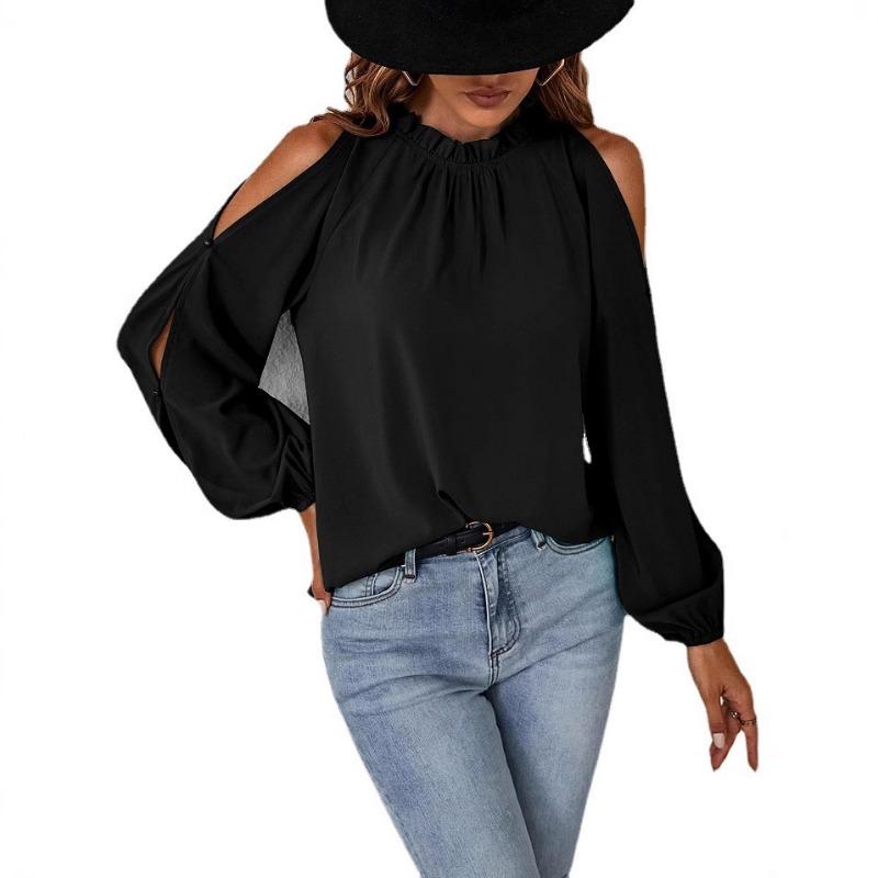 Women's Autumn and Winter New Net Colour Ruffle Half High Neck Long Sleeve Shrink Pleated Strapless Fashion Tops