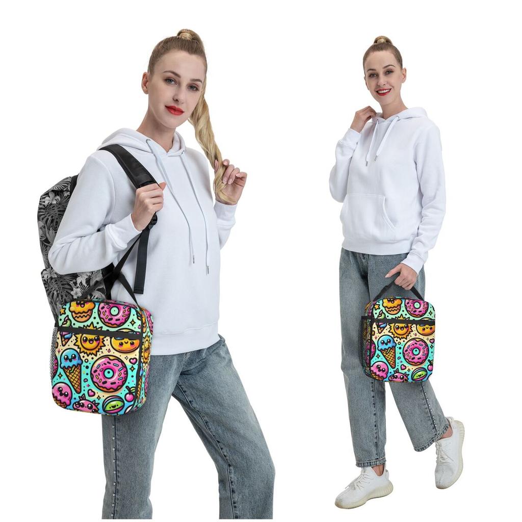 Cartoon Donut Ice Cream Pattern Insulated Lunch Bag for Women Kids Leakproof Food Boxes Thermal Lunch Box Tote