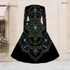 Women Plus Size V Neck Long Sleeve Printed Pastel Galaxy Tie Waist A Line Flared Dress