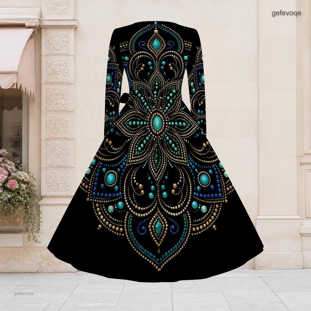 Women Plus Size V Neck Long Sleeve Printed Pastel Galaxy Tie Waist A Line Flared Dress