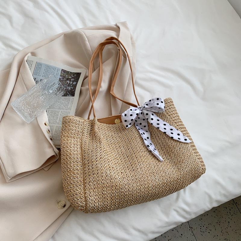 

Летняя соломенная сумка с бантом и шарфом, женская дорожная пляжная сумка-тоут хаки