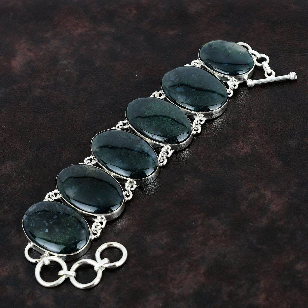 Moss Agate Bracelet Natural Gemstone Bracelet 925 Sterling Silver Bracelet Adjustable Chain Bracelet Handmade Brand New Jewelry Gift For Dad