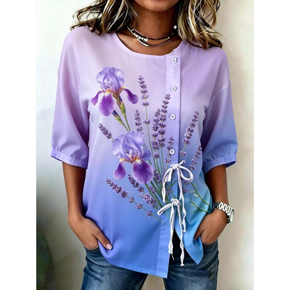 Women's Ombre Floral Print Drawstring Button Up Blouse, Casual Round Neck Tops for Spring Summer Daily Vacation Wear