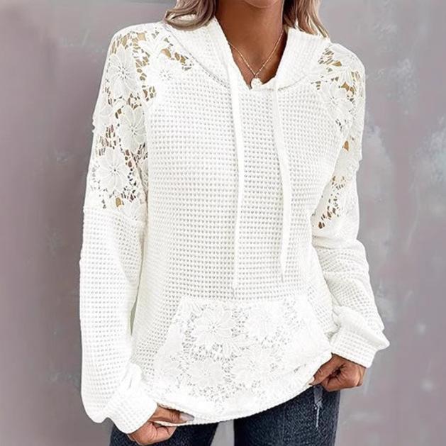 Women's Long Sleeve Lace Patchwork Waffle Knit Hoodie Casual Drawstring Sweatshirt
