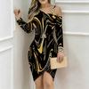 Damen Übergröße Asymmetrisch Cold Shoulder Schwarz Gold Wirbel Marmor Print Wickel Bodycon Midi Kleid