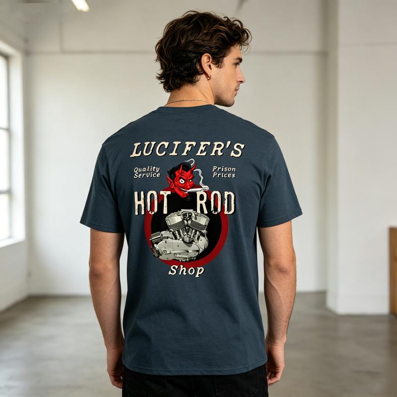 Lucifers Hot Rod Shop Graphic T Shirt Vintage Devil Car Print Unisex Soft Cotton Crew Neck Short Sleeve Trendy Casual