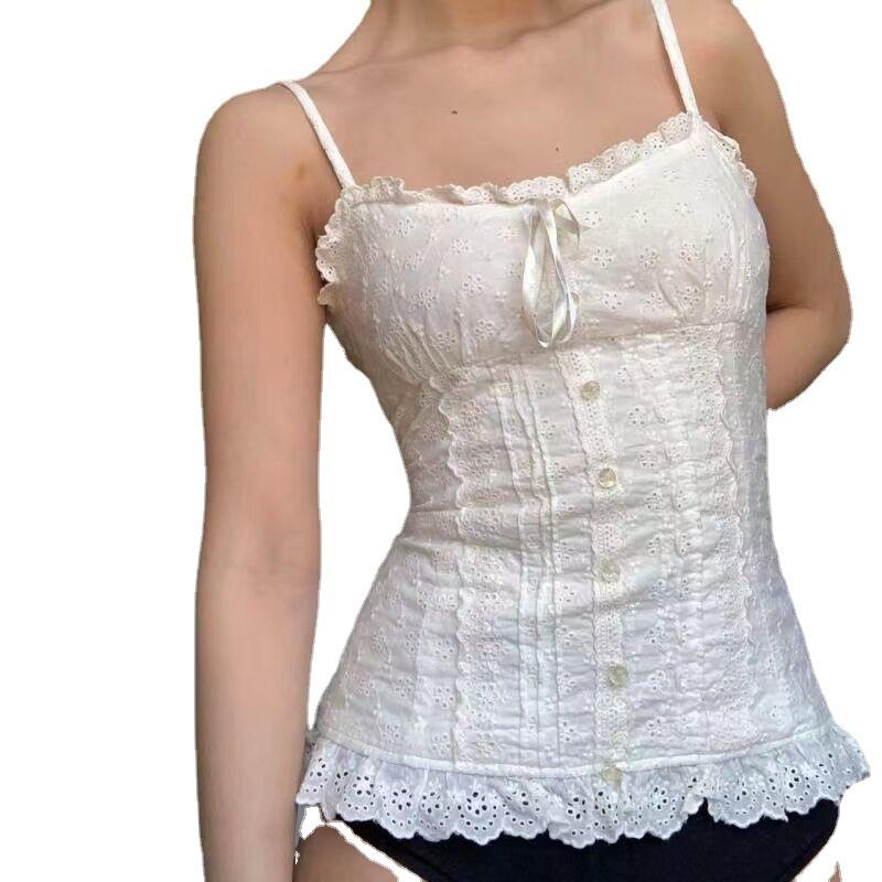 Damen Y2k Fairy Grunge Shirts Puff Kurzarm V-Ausschnitt Button-Down Blusen Ästhetische Kleidung