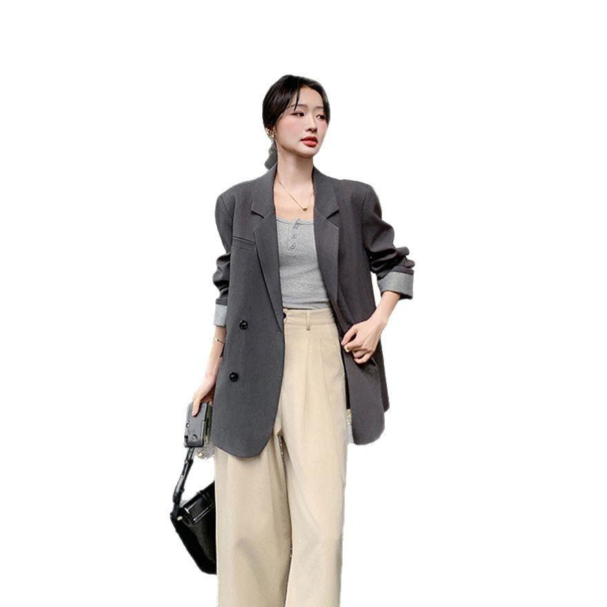 Gray Fashion Temperament Double-breasted Blazer Women's Spring New Loose and Thin Versatile Suit