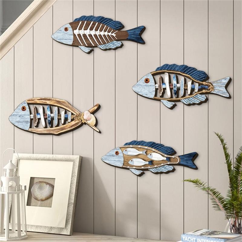 4Pieces Seasides Inspireds Wooden Wall Art Handmade Fish Decorations for Entryway Hallway Interior